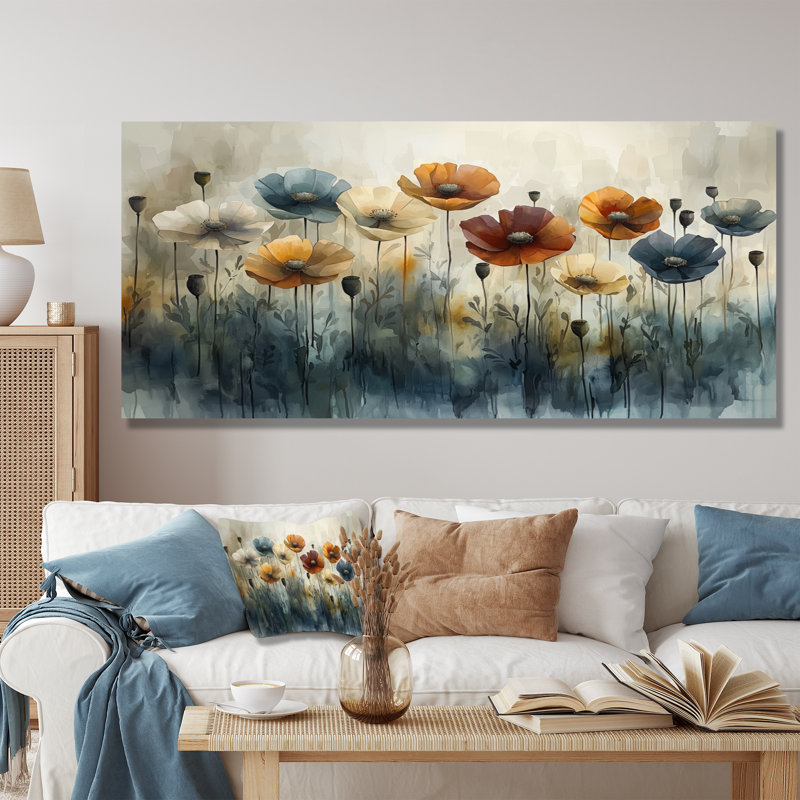 Hiver, minimalisme, coquelicots, champ I - coquelicots, art mural, H 28 po x l 60 po, Toile tendue