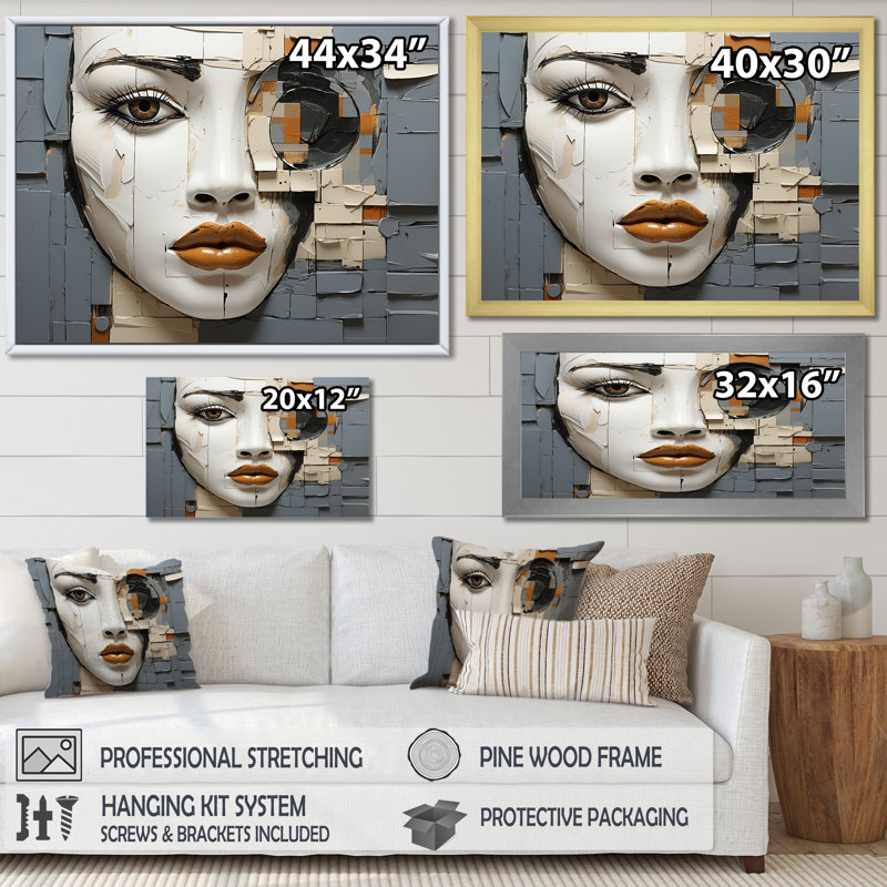 Beige gris, peinture, collage, portrait sur toile, H 16 po x l 32 po x P 1 po, Cadre simple noir