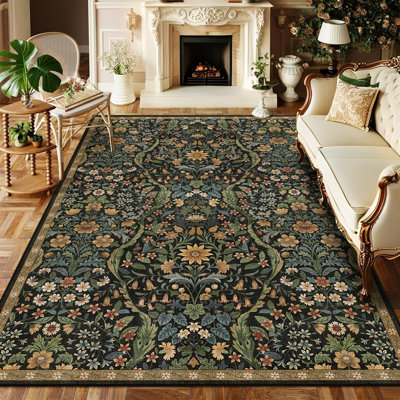 Washable Area Rug - Vintage Boho Botanical Low-Pile Rug