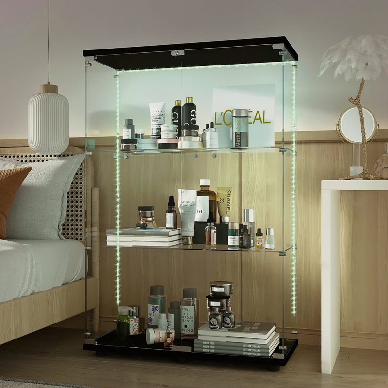 Vitrine en verre trempé, armoire à vin, armoire de rangement, classeur, avec bande lumineuse à DEL Bluetooth, pieds de plancher réglables, convient aux sols inégaux, peut être placée n'importe où