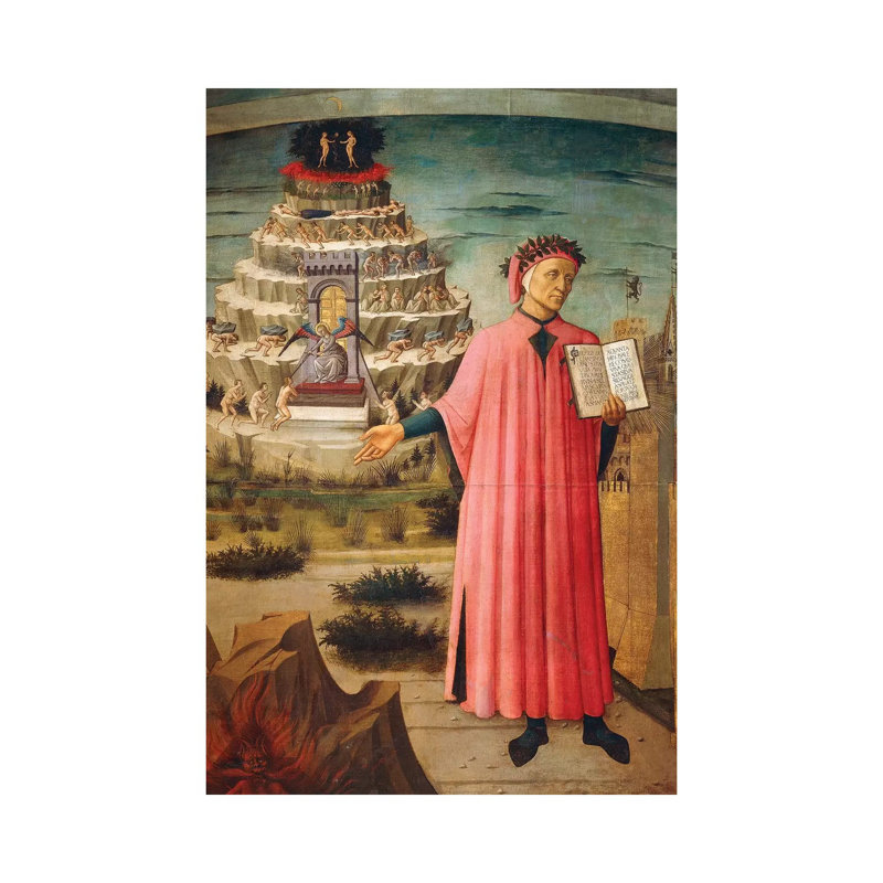 Dante Alighieri With Divine Comedy In His Hand And Mountains Of Purgatory In Background,1465 by Domenico Di Michelino - Wrapped Canvas Print