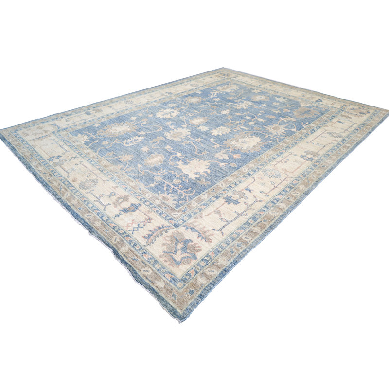Tapis bleu et crème noué à la main de haute qualité
