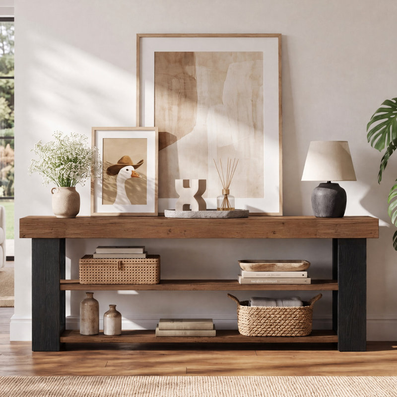 63" Solid Wood Low Console Table with Open Storage Shelves