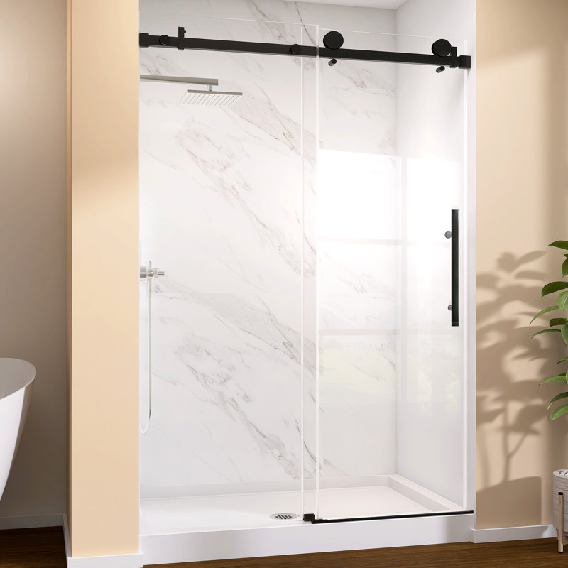 48 In. W X 76 In. H Frameless Sliding Shower Door In Matte Black With Tempered Glass Clear Glass