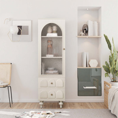 Grande armoire de rangement avec porte en verre trempé, deux tiroirs et tablette réglable pour une organisation polyvalente et élégante