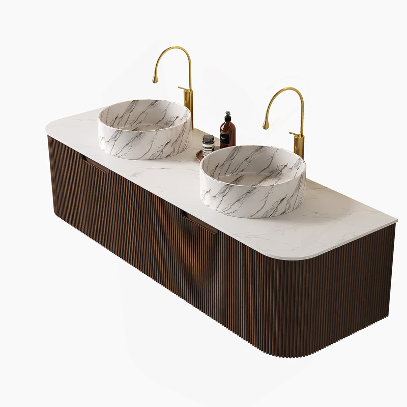 Meuble-lavabo de salle de bain 60 po avec lavabos, 2 tiroirs, 2 lavabos en céramique avec motif de pierre, pré-assemblé, couleur noyer foncé