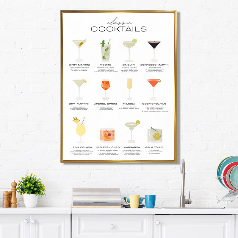 Recettes de cocktails classiques - Art mural de salon, cocktails, Cadre flottant doré, H 32 po x l 16 po