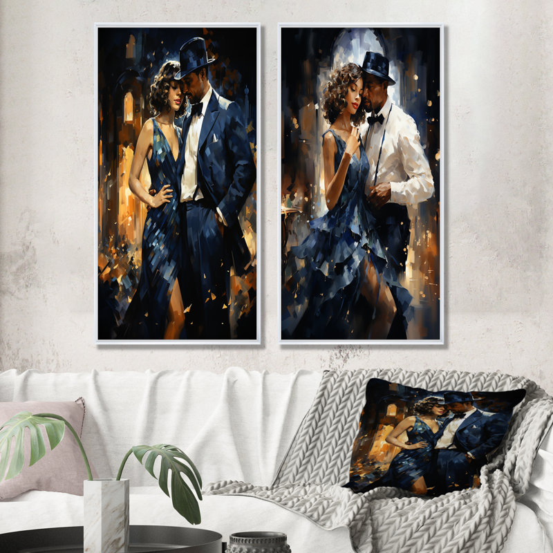 Ensemble de 2 décorations murales Harlem Renaissance Jazz Age Couple - Couple, Cadre blanc, H 28 po x l 25 po