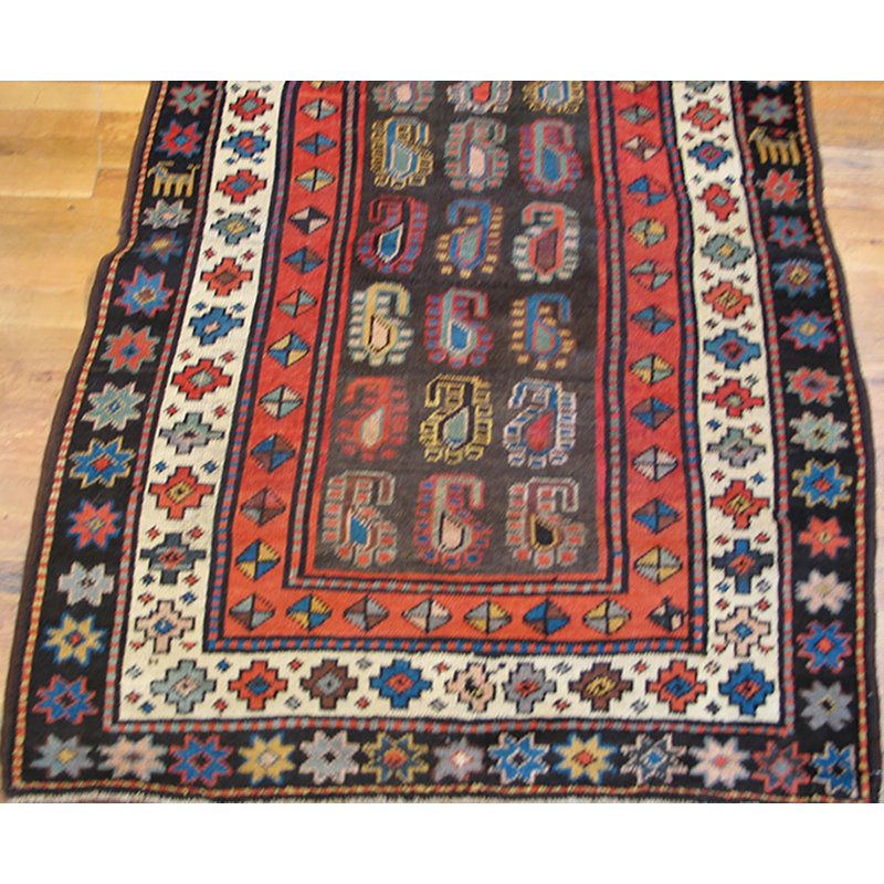 Bold Primitively Designed Paisleys Antique Caucasian Moghan Knotted Rug