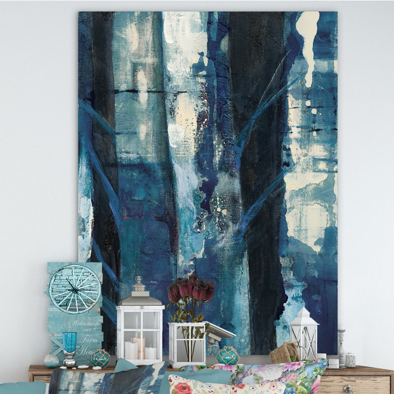 Paysage, peinture sur toile indigo - Bois profonds I, H 32 po x l 16 po x P 1 po