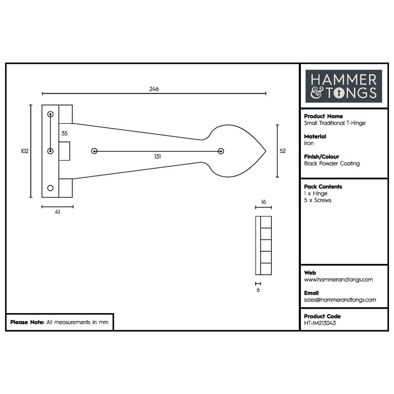 Hammer & Tongs - Traditional T-Hinge - W245mm - Black