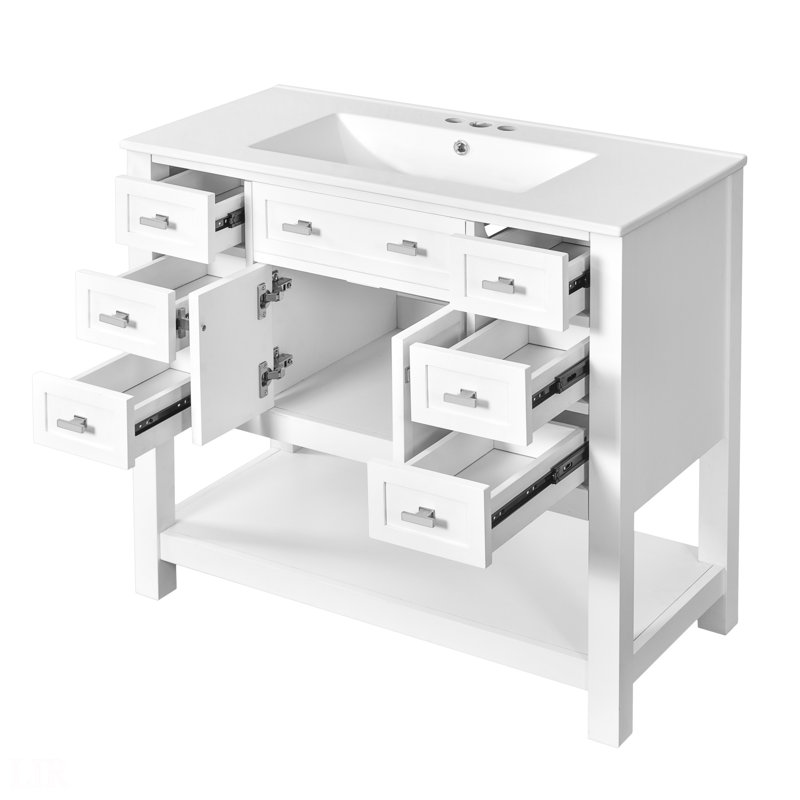 Meuble-lavabo 36 po avec lavabo supérieur, armoire de rangement moderne avec 2 portes à fermeture douce et 6 tiroirs, meuble-lavabo simple, meuble-lavabo