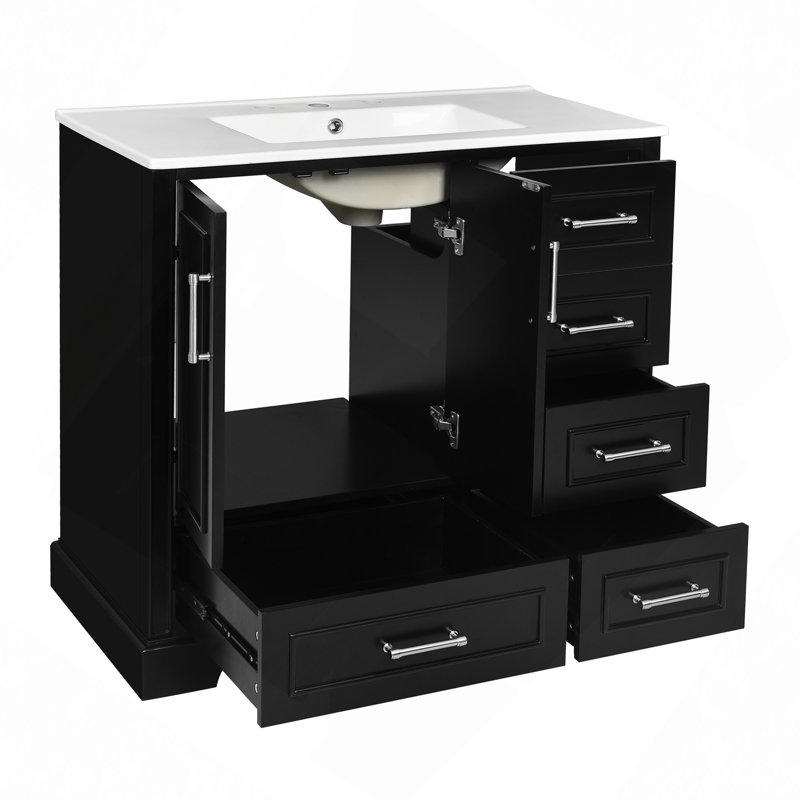Meuble-lavabo traditionnel 36 po avec lavabo en céramique, armoire de salle de bain avec deux portes à fermeture douce et quatre tiroirs