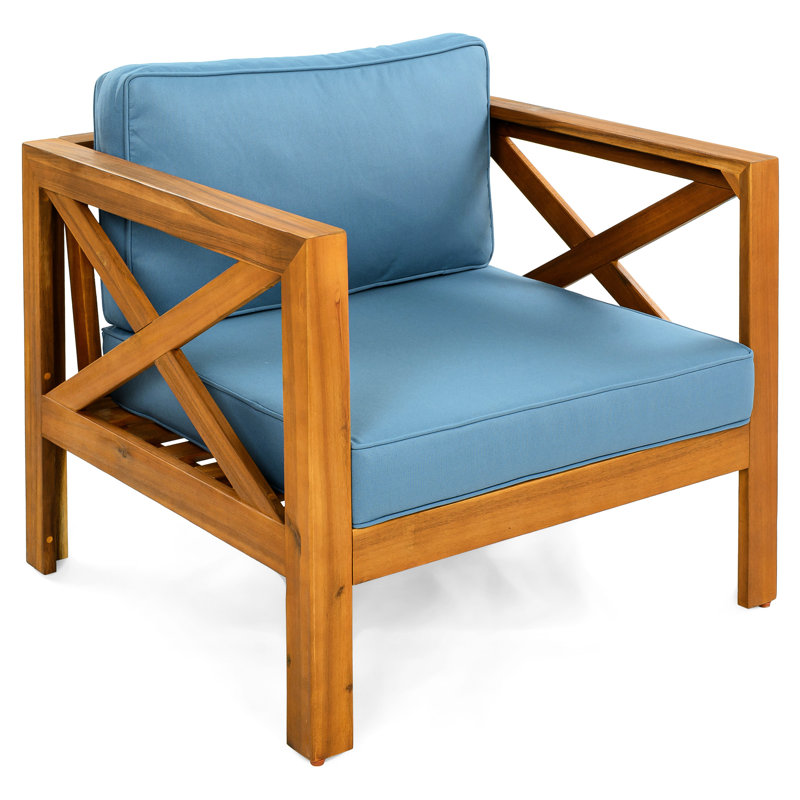 Fauteuils club d'extérieur en bois avec coussins bleus, conversation, siège ergonomique confortable pour se prélasser