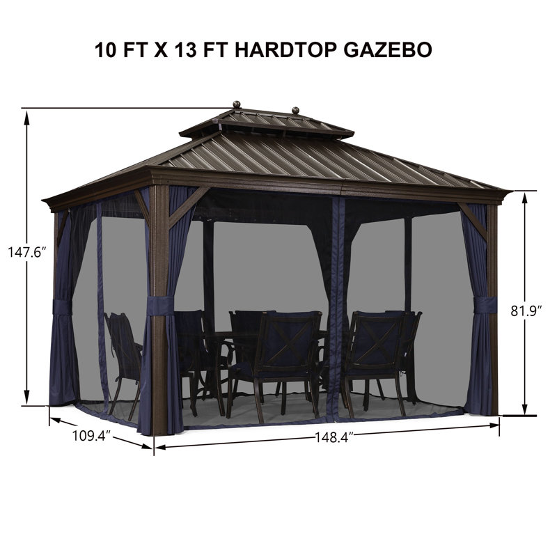 Hardtop Gazebo 10' X 13' Aluminum Gazebo With Double Roof, Curtains And Netting Included