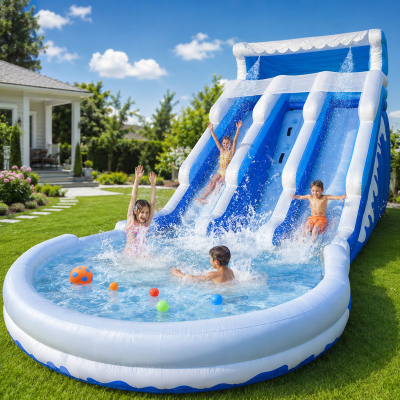 Grande glissade d'eau gonflable de 20,6 pi avec glissades doubles, piscine et souffleur, parc aquatique d'été pour enfants, bleu