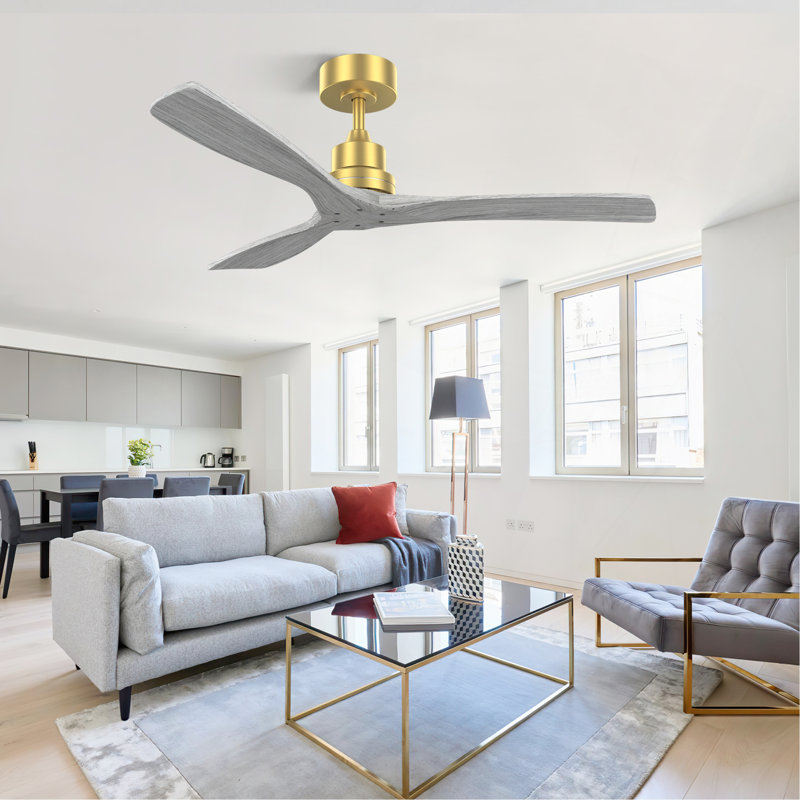 Ventilateur de plafond 52 pouces intérieur sans lumière 3 pales en bois massif télécommande DC Moteur, Doré, Gris