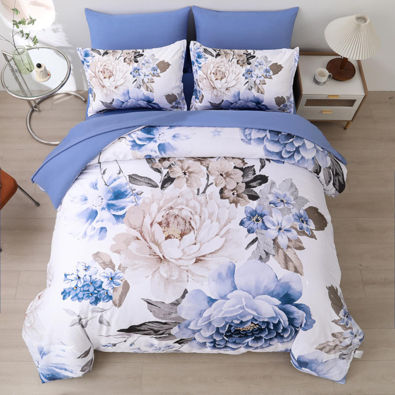 Ensemble d'édredon floral 7 pièces 7 pièces, Grand édredon et 6 pièces supplémentaires, Bleu