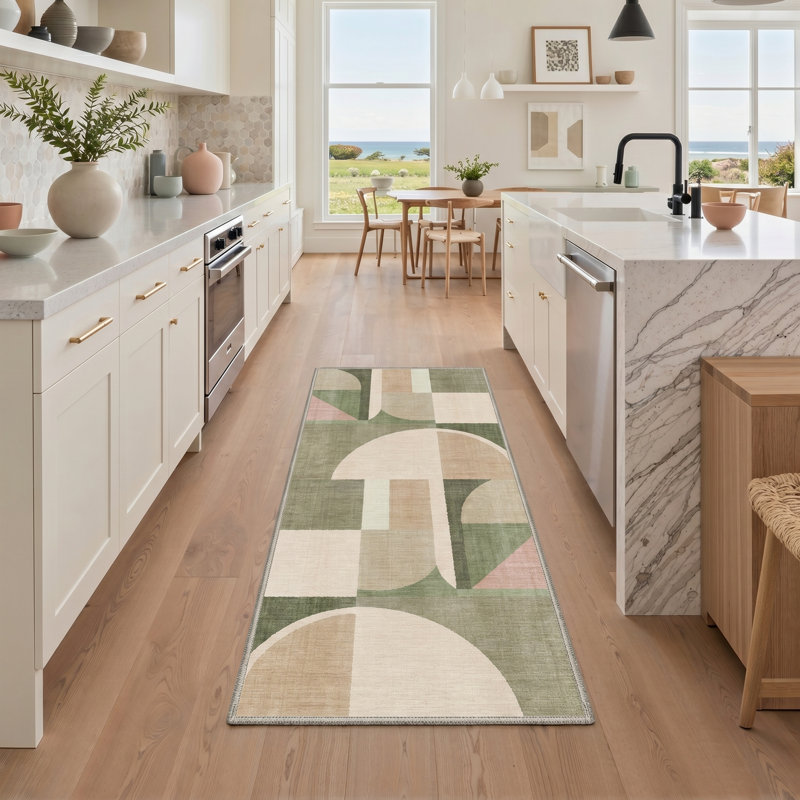 Aura Geometric Machine Washable Green / Beige Indoor Area Rug with Non-Slip Backing, Runner 2' x 6'