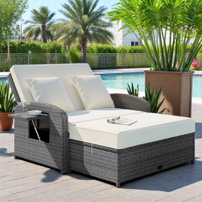 Rober Wicker Rattan Double Chaise Lounge, 2-Person Reclining Daybed with Adjustable Back and Cushions, Free Furniture Protection Cover