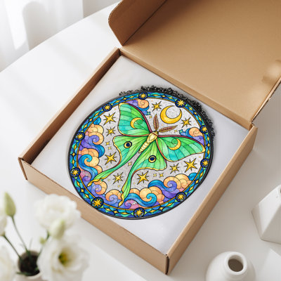 «Green Moon Moth Celestial Stars and Moon», reproduction d'art sur toile en verre coloré
