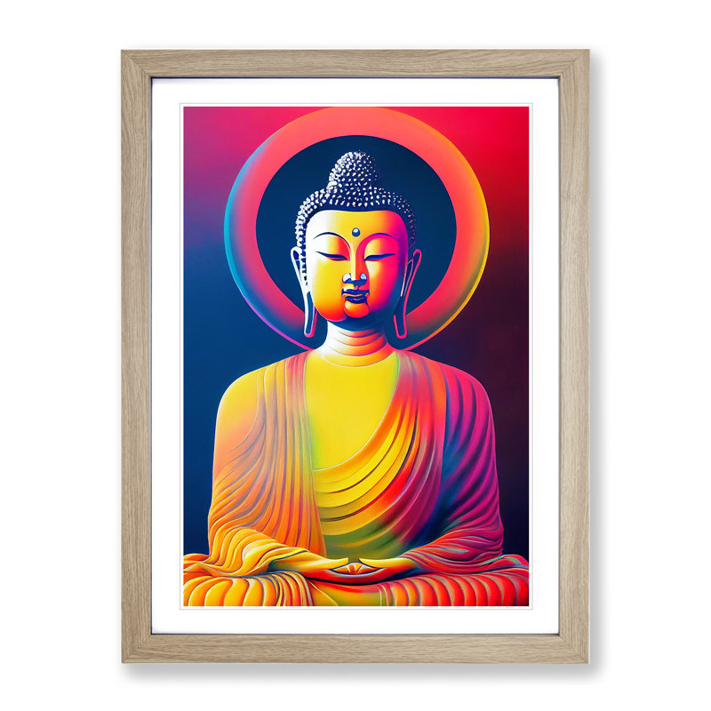 Colourful Buddha No.1 - Single Picture Frame Print, 64cm H x 46cm W x 2cm D, Oak Framed