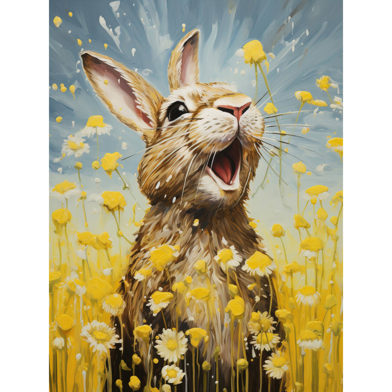 Wall Art Print The Happy Bunny Rabbit Playing in a Field of Daisies Vibrant Oil Painting Kids Bedroom Bright Summer Meadow Poster