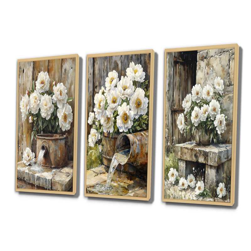 Pivoines par l'arrosage I - Collection d'art mural floral, H 40 po x l 60 po, Impression encadrée flottante, Crème