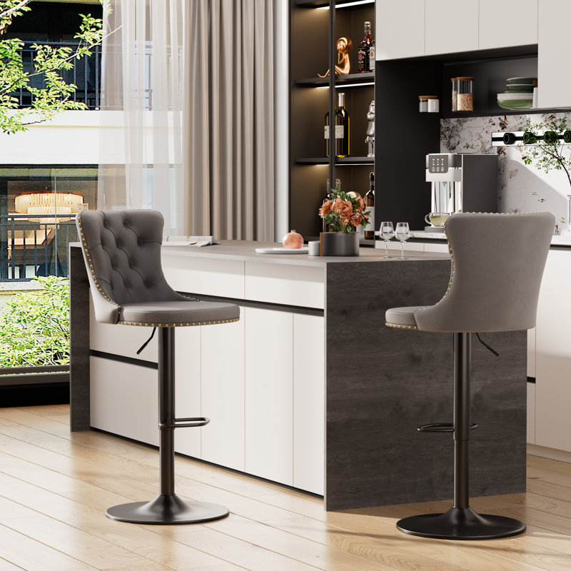 Tabouret de bar pivotant en velours à hauteur réglable avec structure en métal (ensemble de 2), Gris, Noir