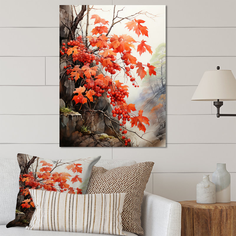 Japon Art corail cramoisi érable II - décoration murale florale en métal, H 20 po x l 12 po x P 1 po