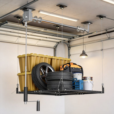 Support de rangement pour garage suspendu, supports de rangement pour plafond 4 x 4 pi avec serrure sécurisée, système de levage de garage pour installation facile, élévateur industriel pouvant supporter 400 lb (Anti-Tip Plus)