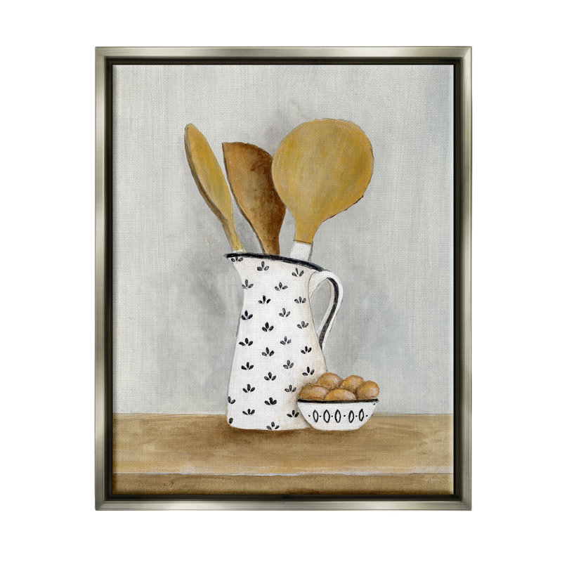 «Kitchen Eggs & Utensils Still Life» par Janet Tava, peinture, H 31 po x l 25 po x P 1,7 po, Cadre flottant gris lustré