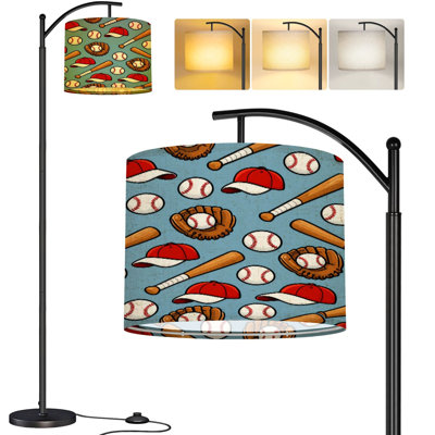  Arc Floor Lamp Baseball Equipment Caps Gloves Bats Balls Light Blue Tall Modern Standing Lamp LED Adjustable Linen Lampshade 3 Color Temperatures