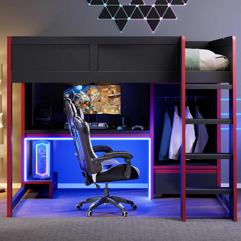 Wood Gaming Loft Bed With Built-In Desk, Wardrobe And LED For Teen And Adults, Full