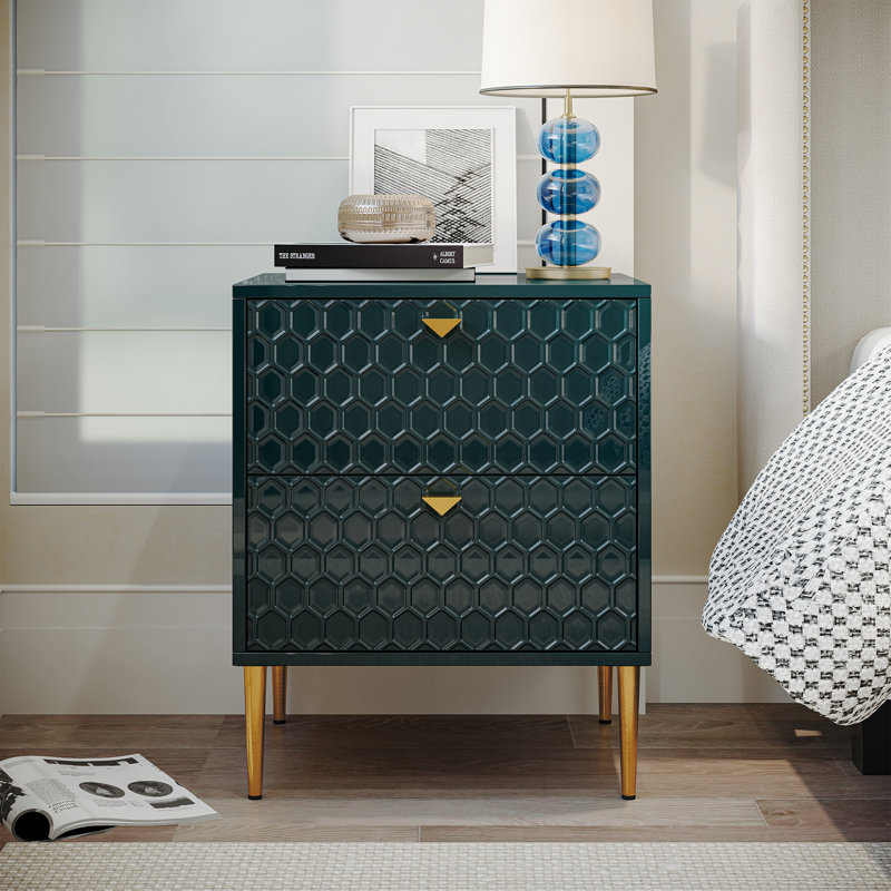 24.4" Tall 2-Drawer High Gloss Nightstand, Green