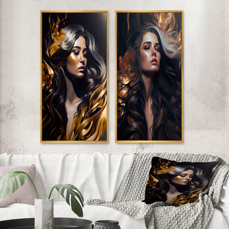 «Gold and Black Sensual Woman II», 2 pièces sur toile, Encadrement doré, H 20 po x l 24 po