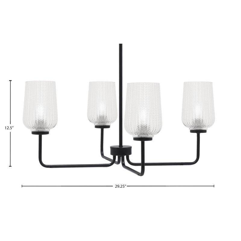 Lustre 4 lumières Amarmula, finition noir mat, verre texturé transparent 5 po, Clair, Noir