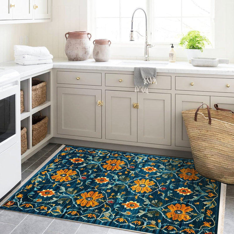 Tapis décoratif moderne à motif tissé floral orange Rio, Tapis de couloir 3 pi 3,37 po x 9 pi 10,11 po