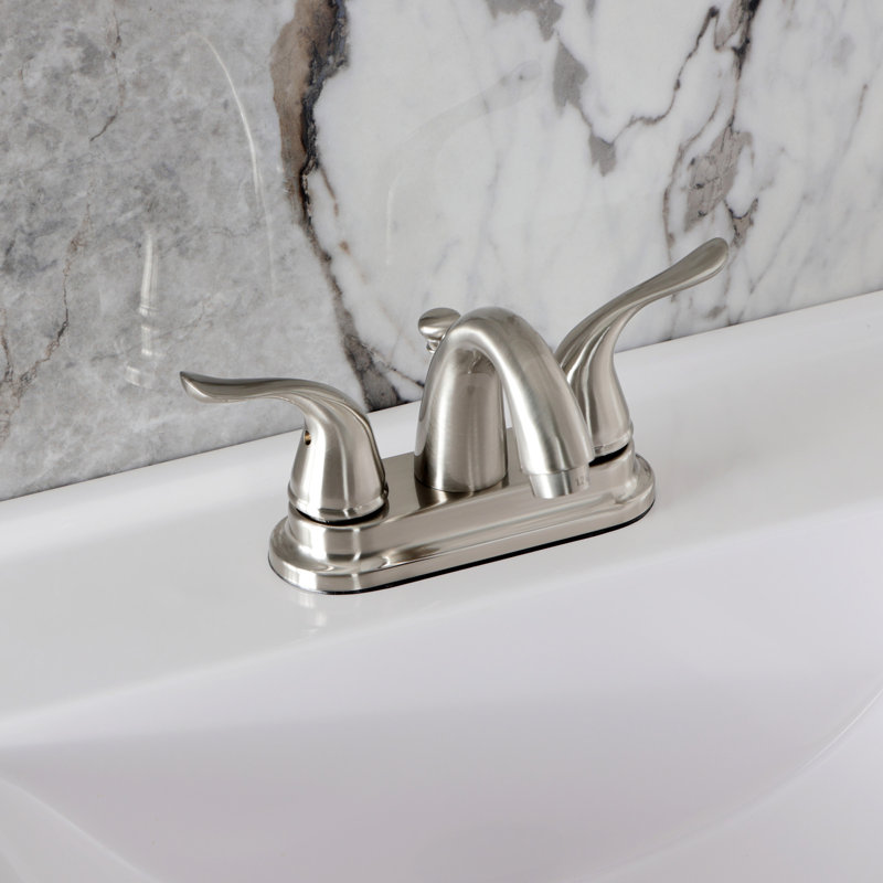 Kingston Brass Yosemite Two-Handle 3-Hole Deck Mount 4" Centerset Bathroom Faucet with Plastic Pop-Up, Brushed Nickel