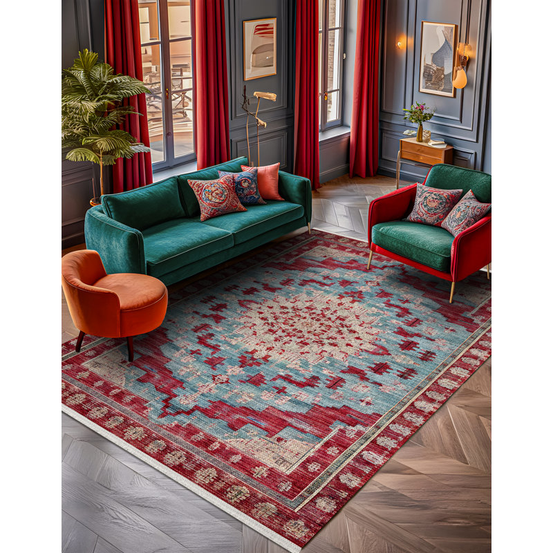 Motto Blue Oriental Machine Printed Cotton Polyester Area Rug, Rectangle 2'8" x 5'