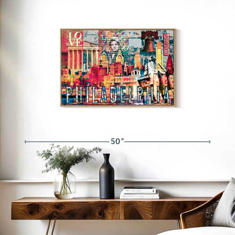 Monuments de Philadelphie, grunge, Cadre flottant en bois naturel, 46 po x 31 po