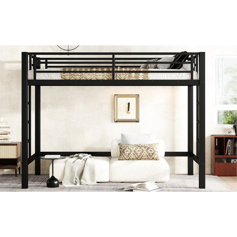 Lit mezzanine simple en métal noir de taille très grand avec double échelle latérale, cadre et coffre-fort pour dormir dans un dortoir avec barrières de sécurité, assemblage facile, chambre à coucher inférieure flexible
