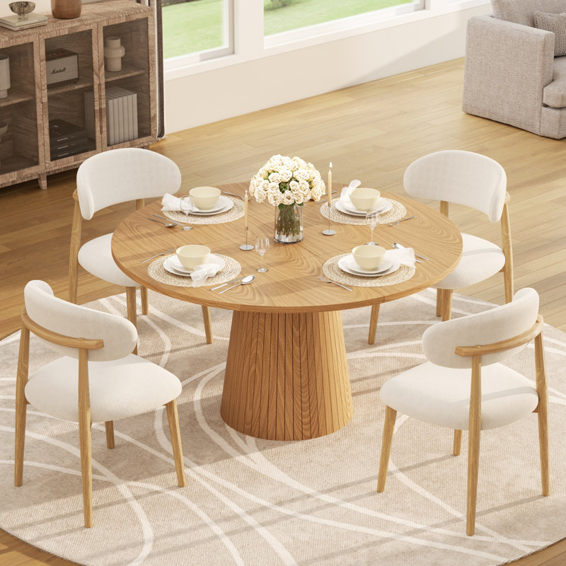 Ensemble de salle à manger de style Mid-Century pour 4-6 personnes, table à piédestal ronde en MDF et chaises en métal revêtues de lin