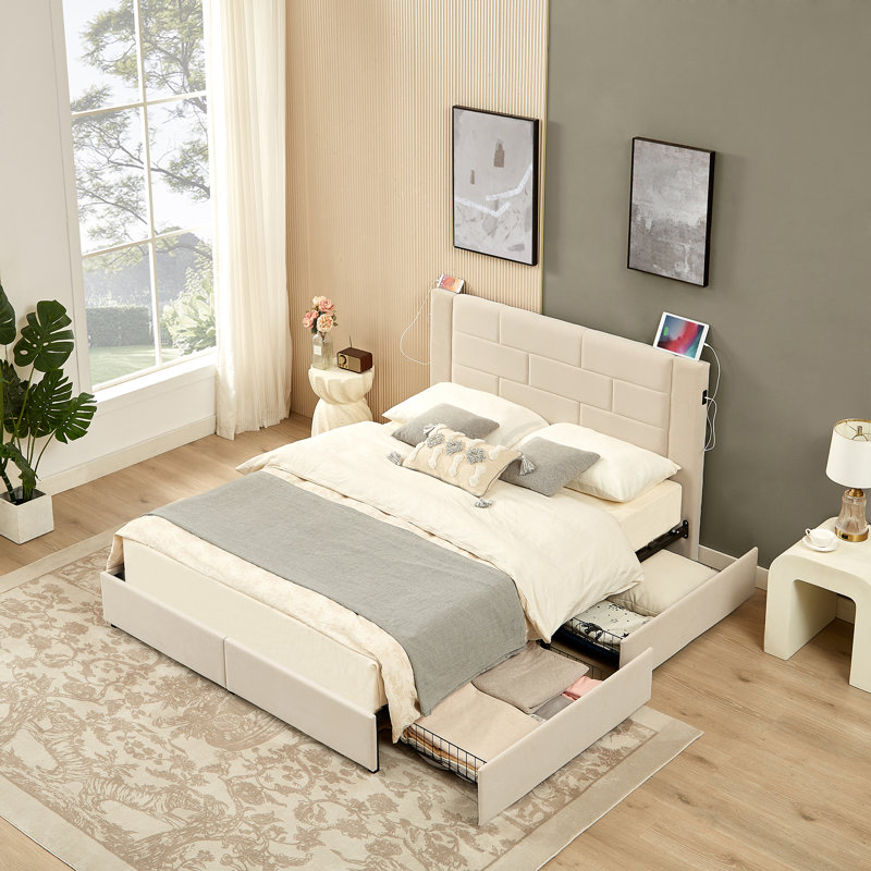 Base de lit très grand Denman avec 4 tiroirs de rangement et station de charge avec ports USB, Grand, Beige