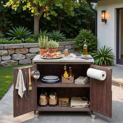 Outdoor Kitchen Island With Side Shelf, Storage Cabinet, Stainless Steel Top, Adjustable Shelf And 4 Wheels