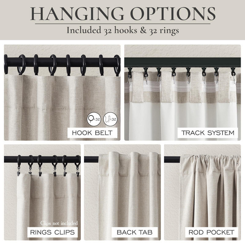 Linen Blackout Curtains 86 Inch, Pleated Thermal For Bedroom Farmhouse, 2 Panels