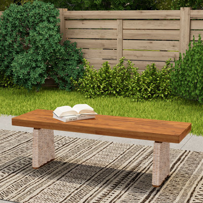 Henry Outdoor Acacia Wood Dining Bench With PE Wicker Legs