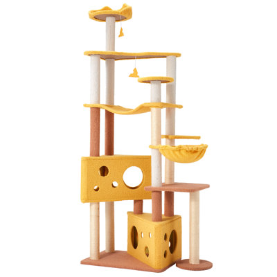 72.4" Cat Cheese Tree, Multi-Level Cat Tree Tower With Hammock, Top Perch, And Sisal Cat Scratching Posts, Cute Cheese-Shaped Design For Indoor Cats, Cozy Cat House And Fun Cat Stuff