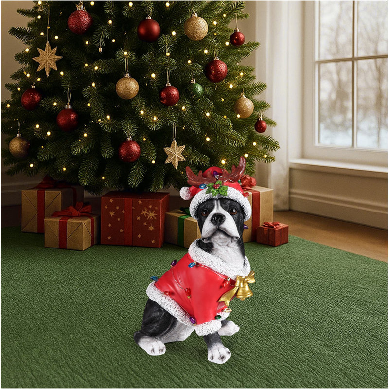 Statue de Noël terrier de Boston, figurine de chien des Fêtes en tenue de père Noël