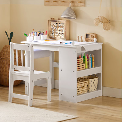 Ensemble de table et de chaises pour enfants 1 table 1 chaise avec tablettes de rangement et porte-rouleau de papier blanc C 31,5 po x P 19,7 po x H 23,6 po